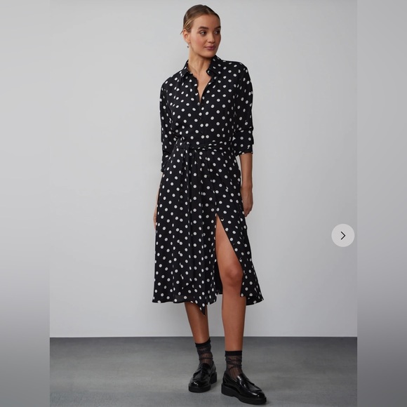 knee length dresses for ladies David Koma Polka-dot Print Satin Shirt Dress White/Black / 6